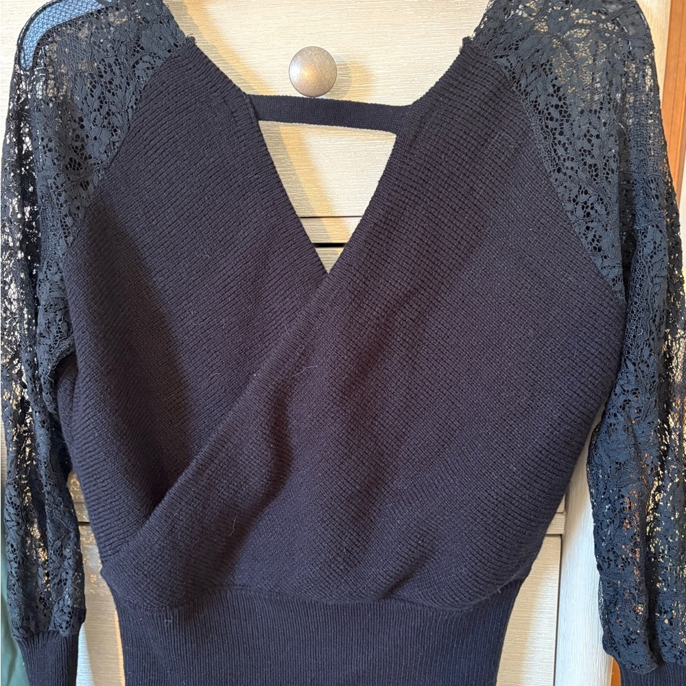 Elegant Black V-Neck Sweater with Lace Sleeves